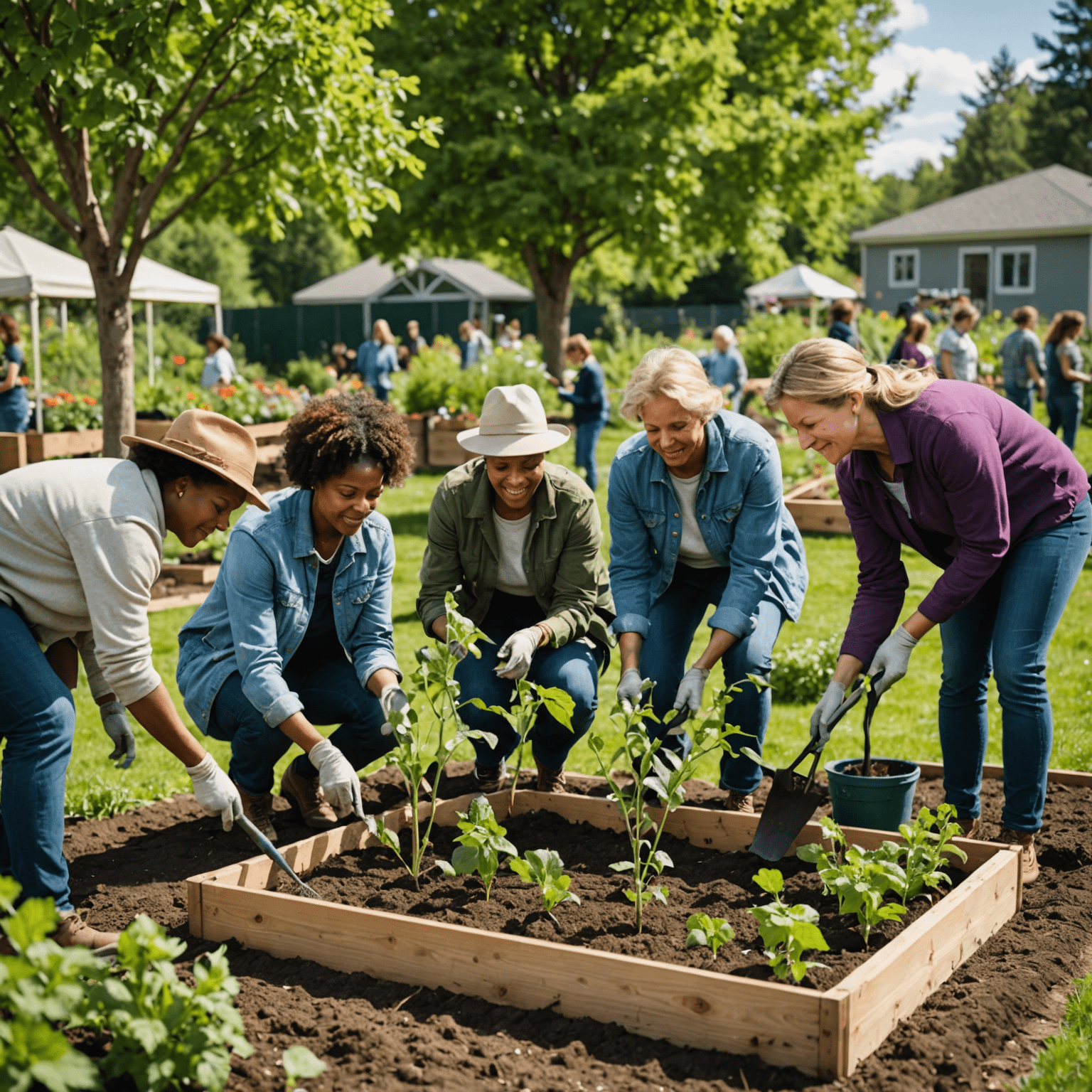 A diverse group of people working together on a community garden project, planting trees and vegetables. The image showcases collaboration, environmental awareness, and community engagement.