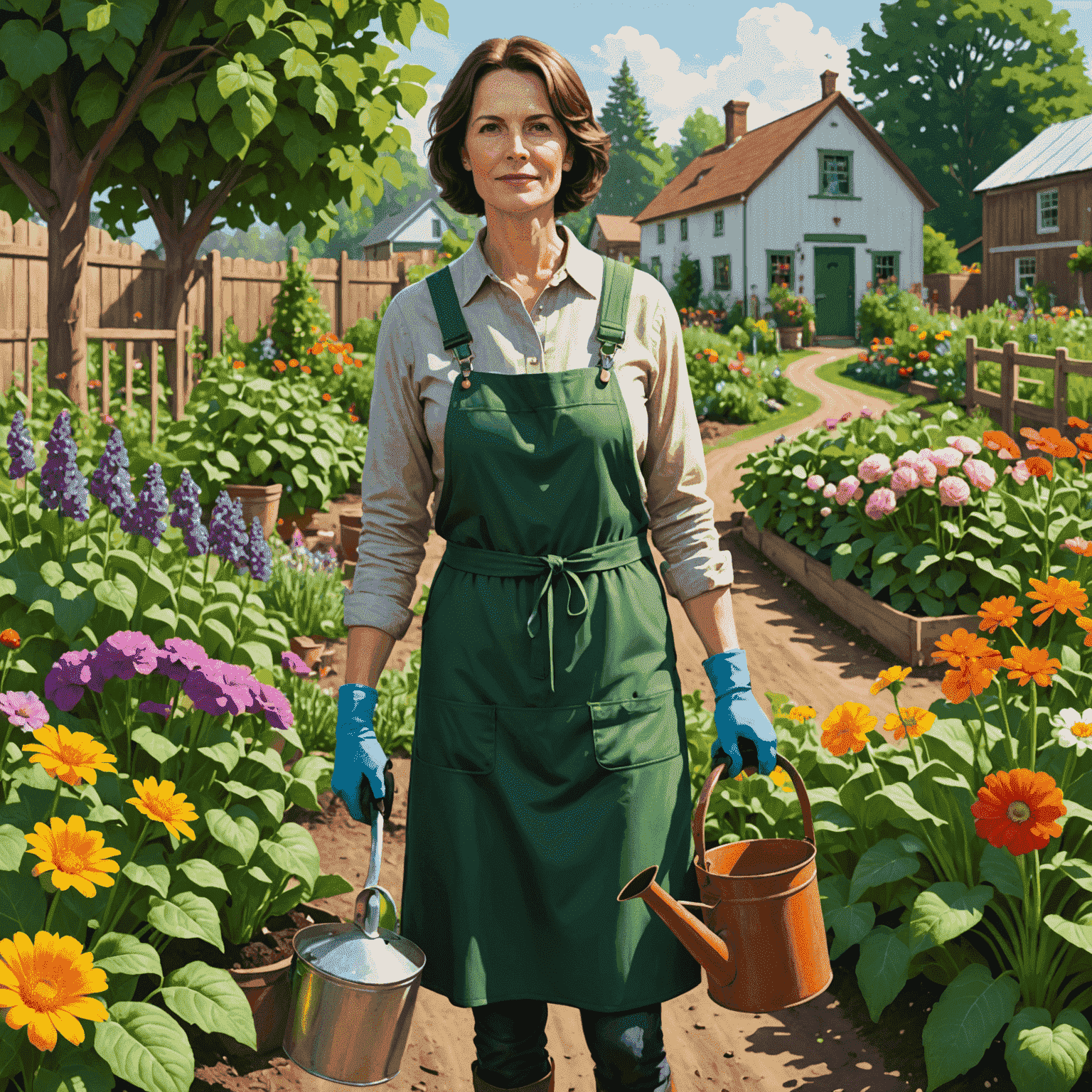 Sarah Thompson, a middle-aged woman with short brown hair, standing in a community garden. She's wearing gardening gloves and holding a watering can, surrounded by lush vegetables and flowers.