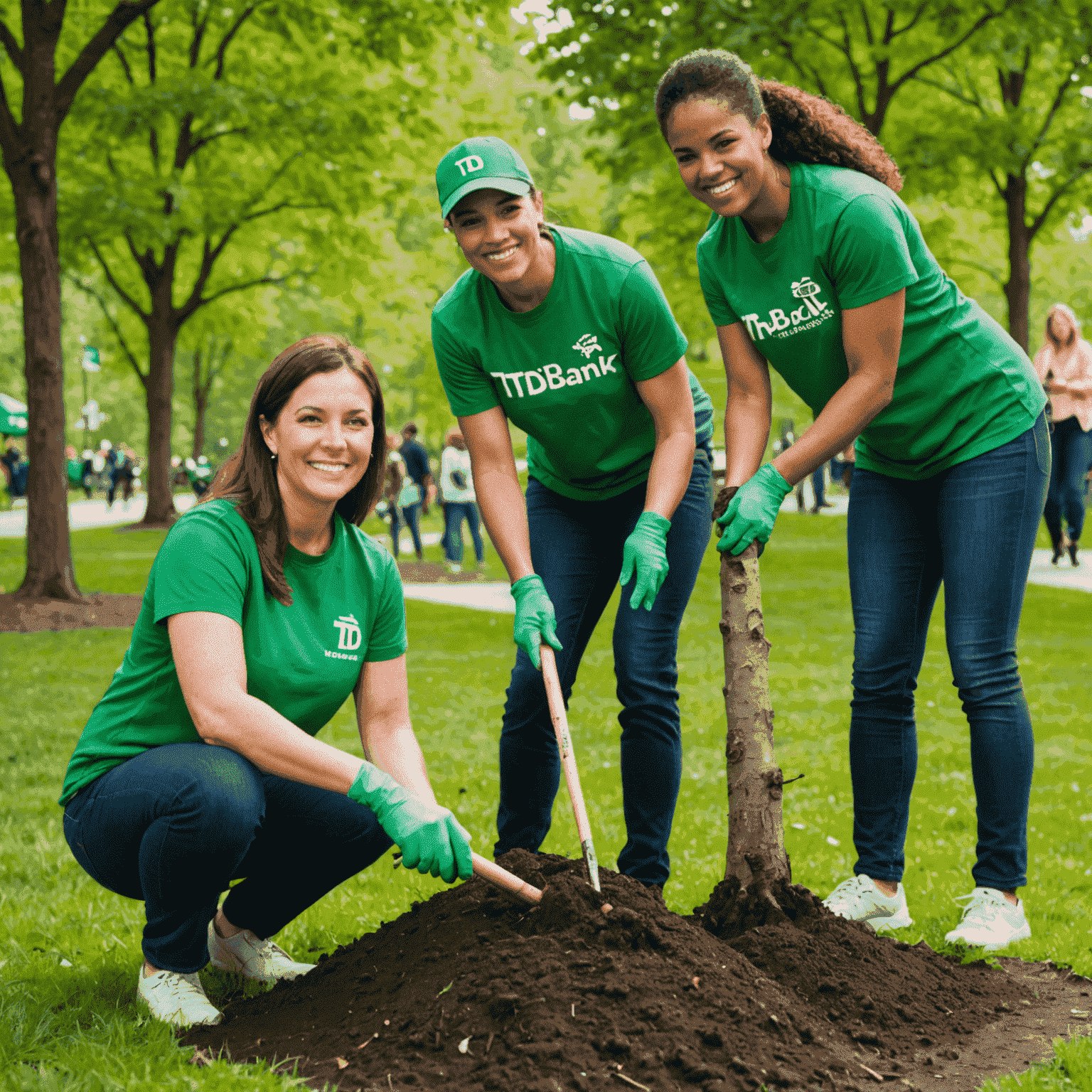 TD Bank employees planting trees in a community park, wearing green t-shirts with the TD logo