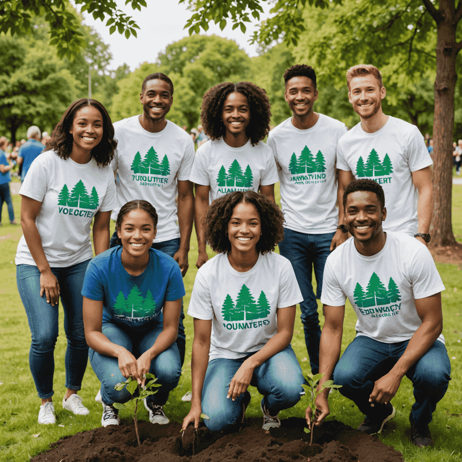 A group of diverse volunteers working together on a community project, wearing matching t-shirts and smiling as they plant trees in a local park