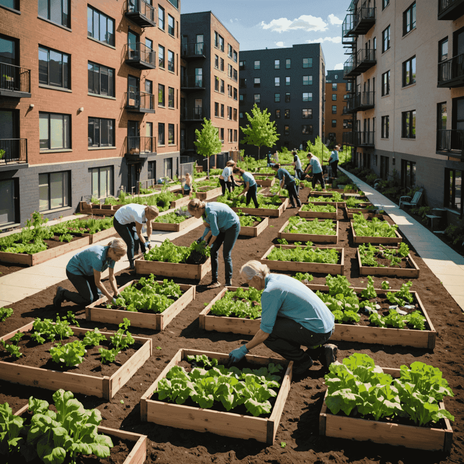 Urban garden with volunteers planting vegetables in raised beds, surrounded by apartment buildings