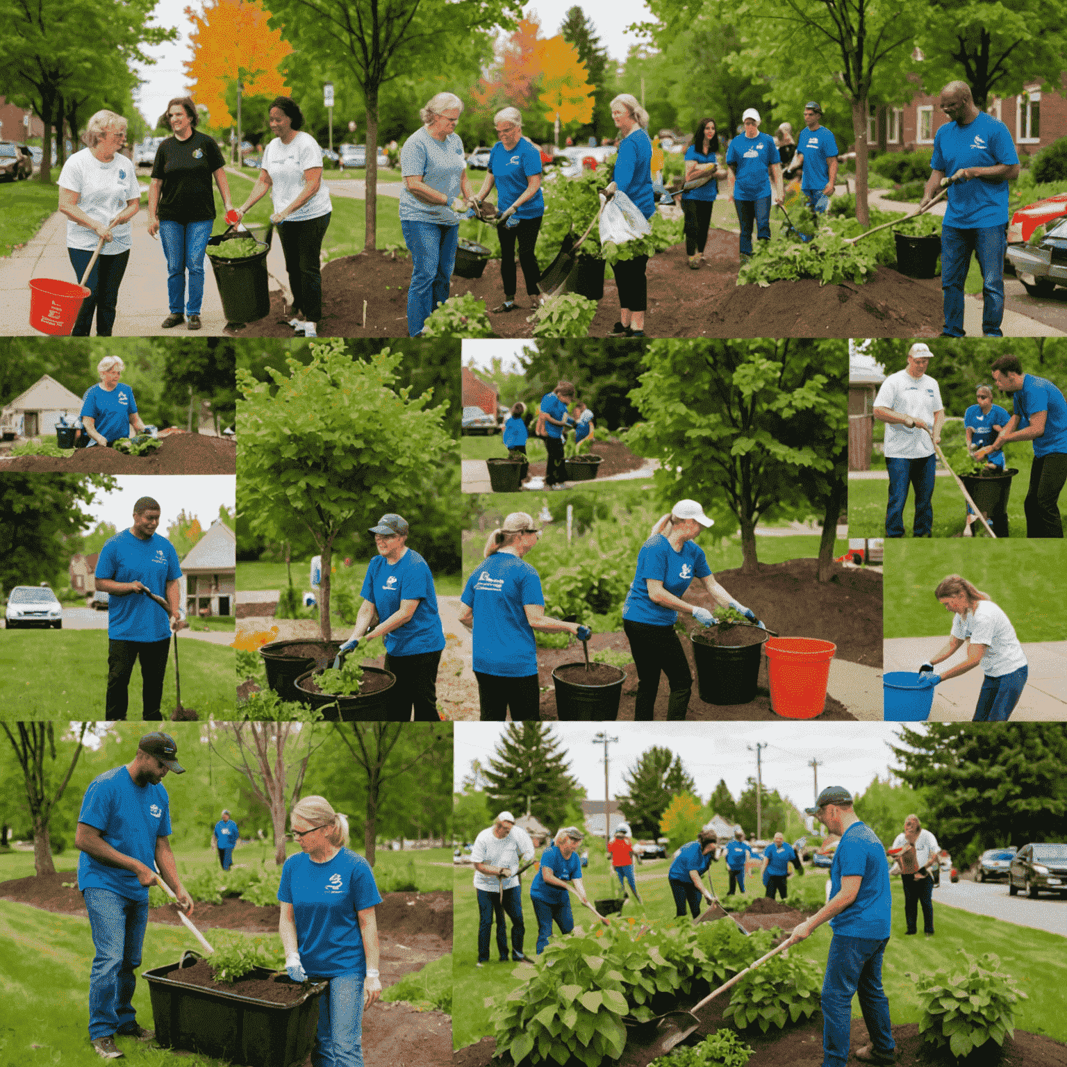 A collage of diverse Canadian community members engaged in various volunteer activities, such as planting trees, serving at a food bank, and participating in a neighborhood clean-up.