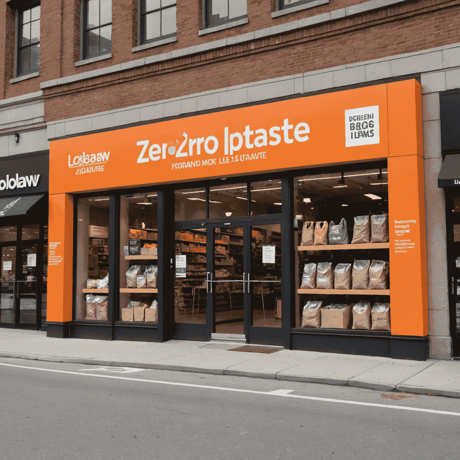 Loblaw store front with prominent signage about their zero plastic waste initiative, featuring reusable shopping bags