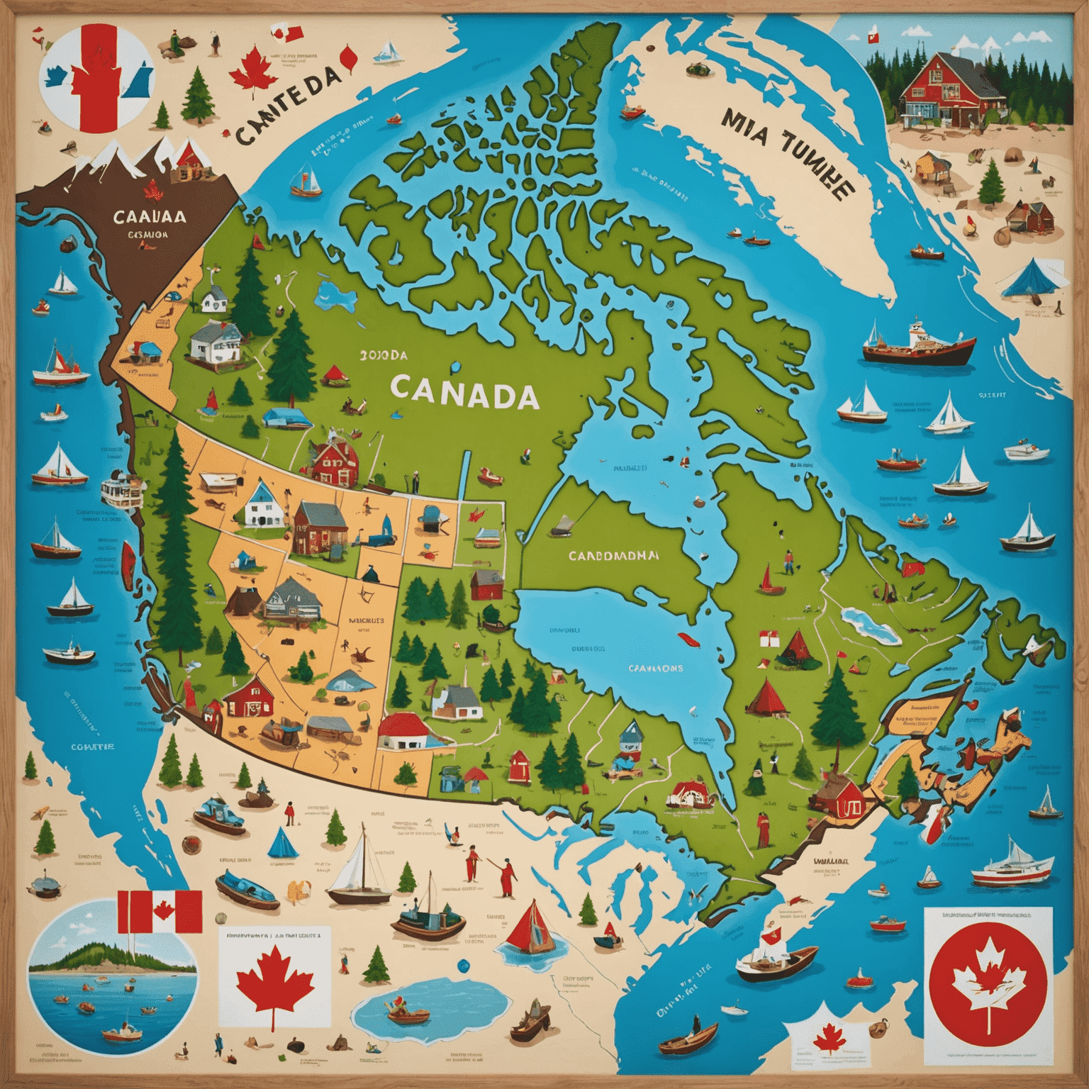 A map of Canada with pins marking various community projects, surrounded by images of people working on different initiatives like building homes, cleaning beaches, and organizing food drives