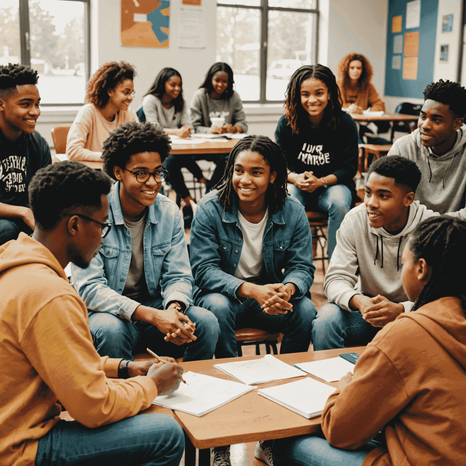 Diverse group of young adults and teenagers engaged in a mentoring session in a community center