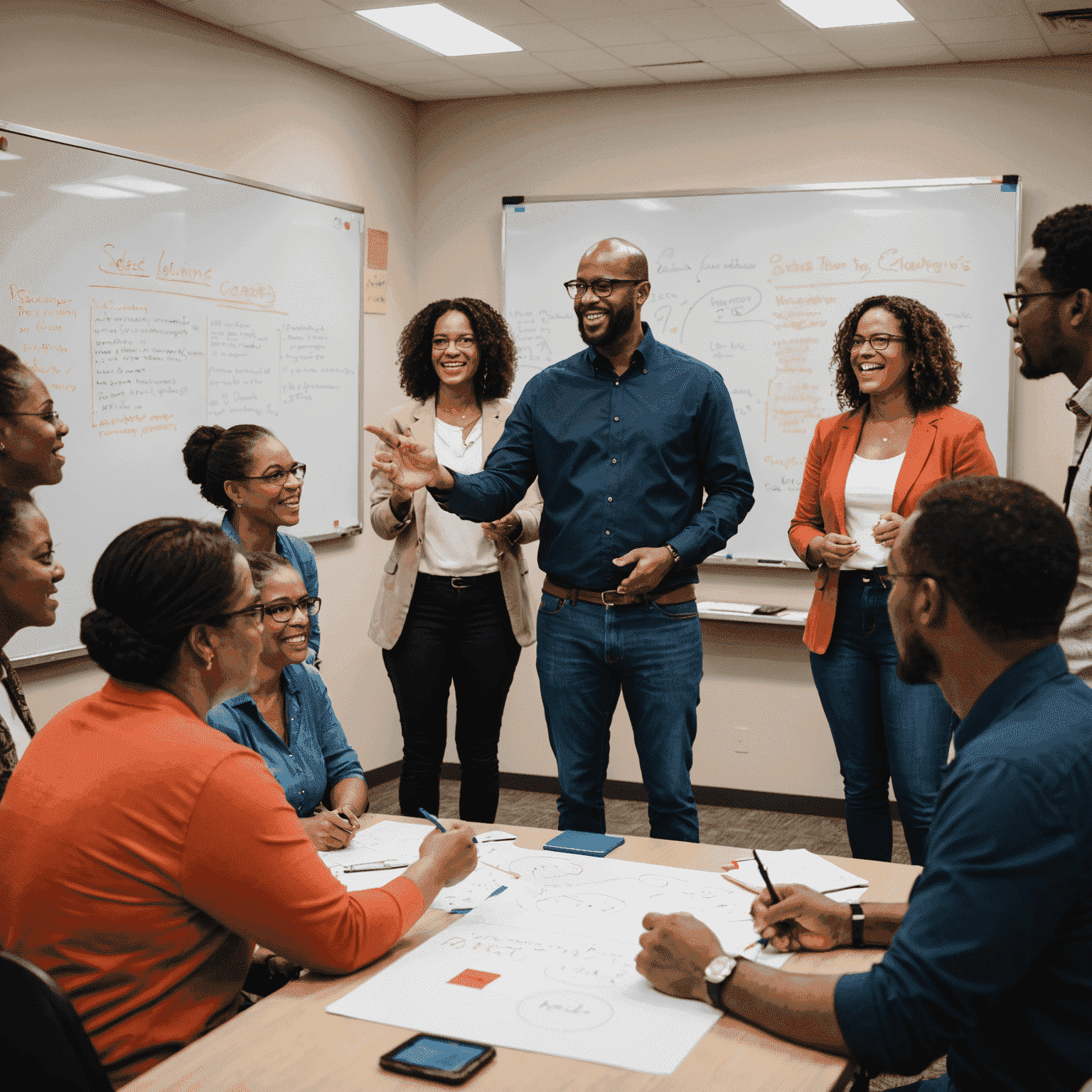 A diverse group of community members engaged in a lively discussion, with a facilitator at a whiteboard capturing ideas and strategies for effective community engagement