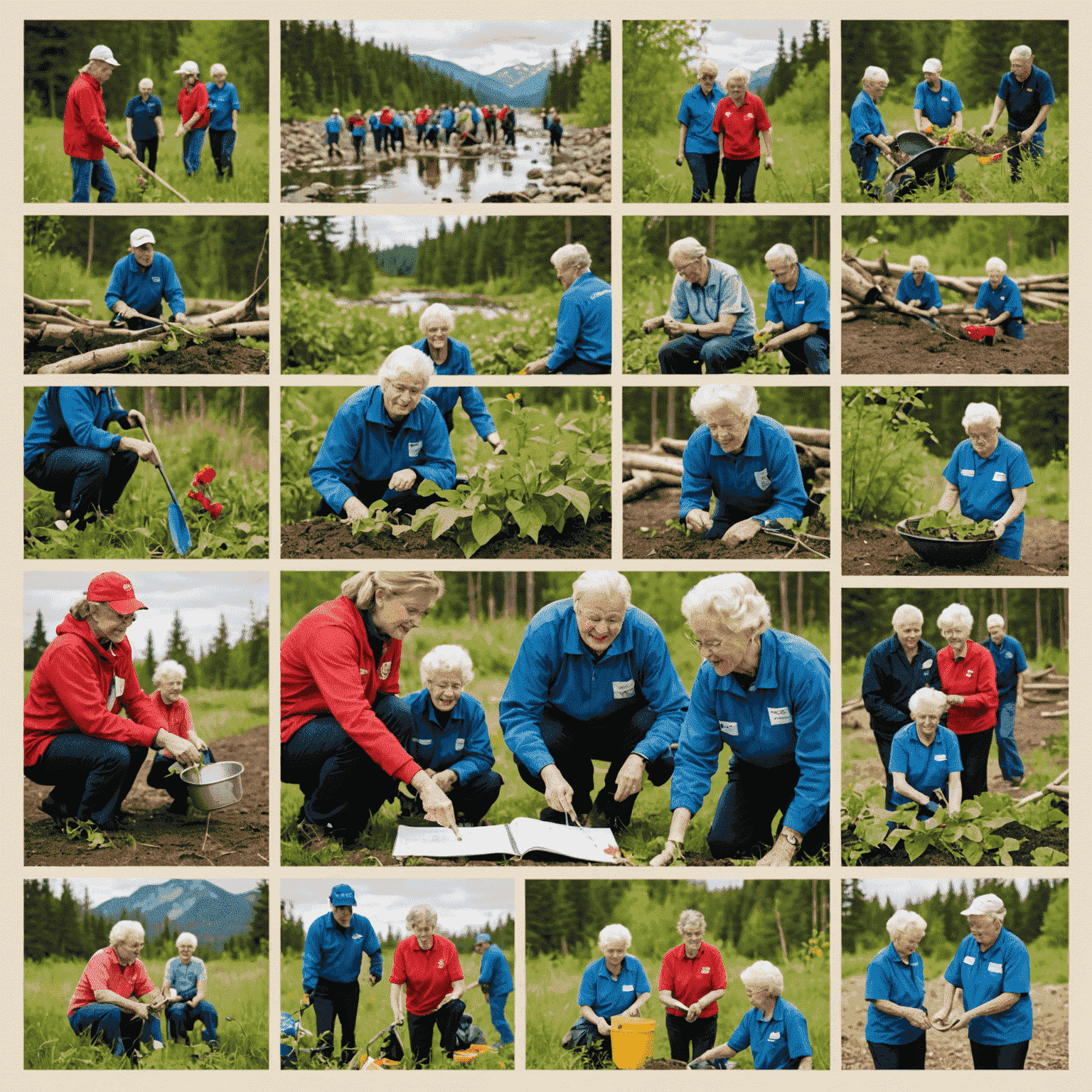 A calendar-style image showcasing various volunteer activities across Canada, including environmental conservation, elderly care, and youth mentorship programs.