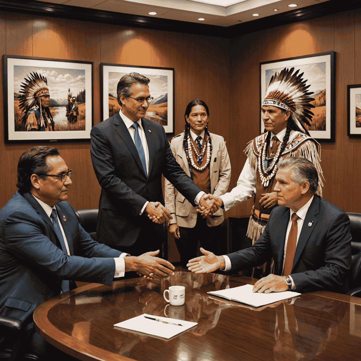 Enbridge representatives meeting with Indigenous leaders, shaking hands in a boardroom decorated with Indigenous art
