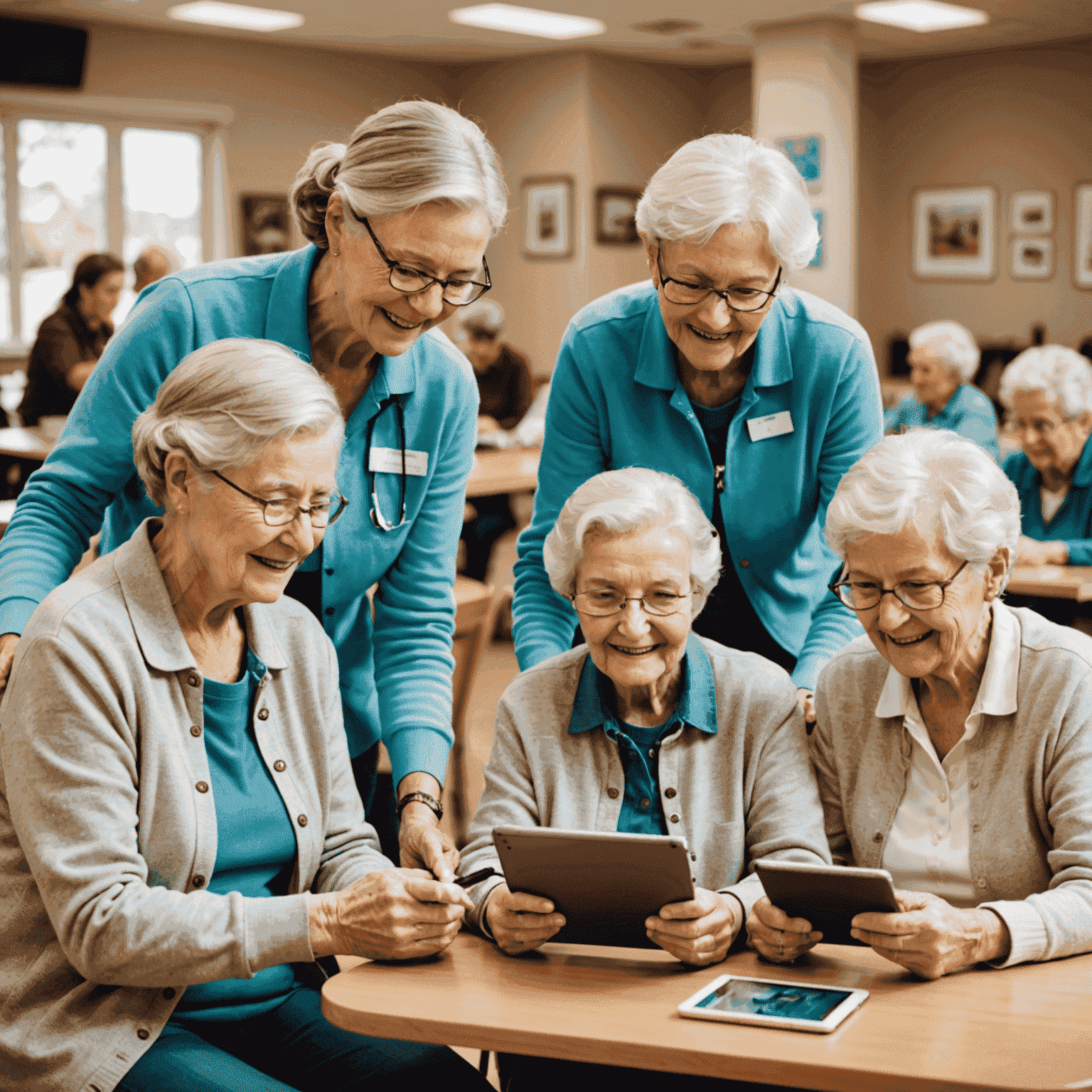 Senior citizens learning to use tablets and smartphones with the help of young volunteers in a bright, welcoming community space