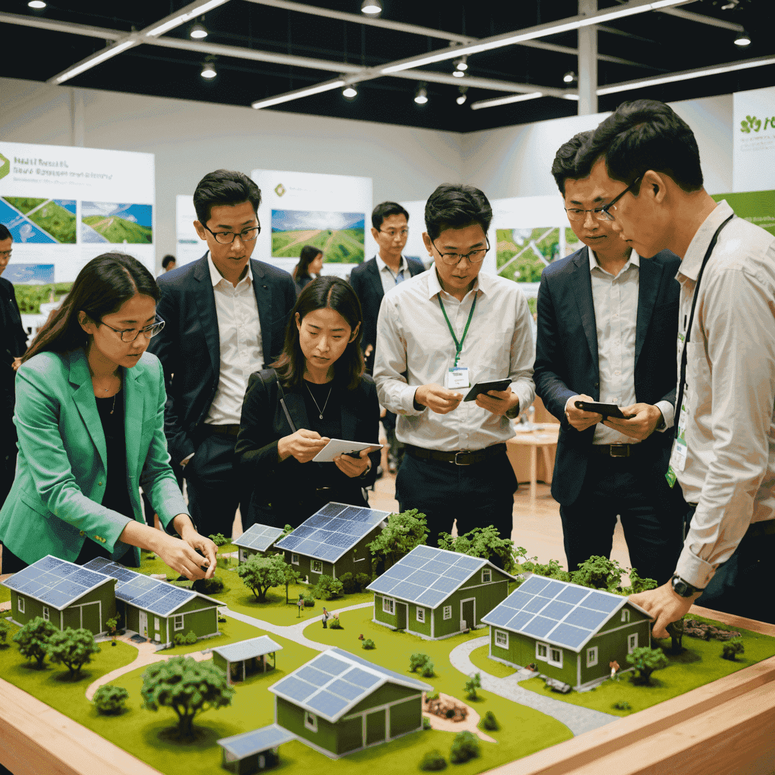 Participants in a sustainable development workshop examining eco-friendly materials and discussing green technologies, with models of renewable energy sources on display