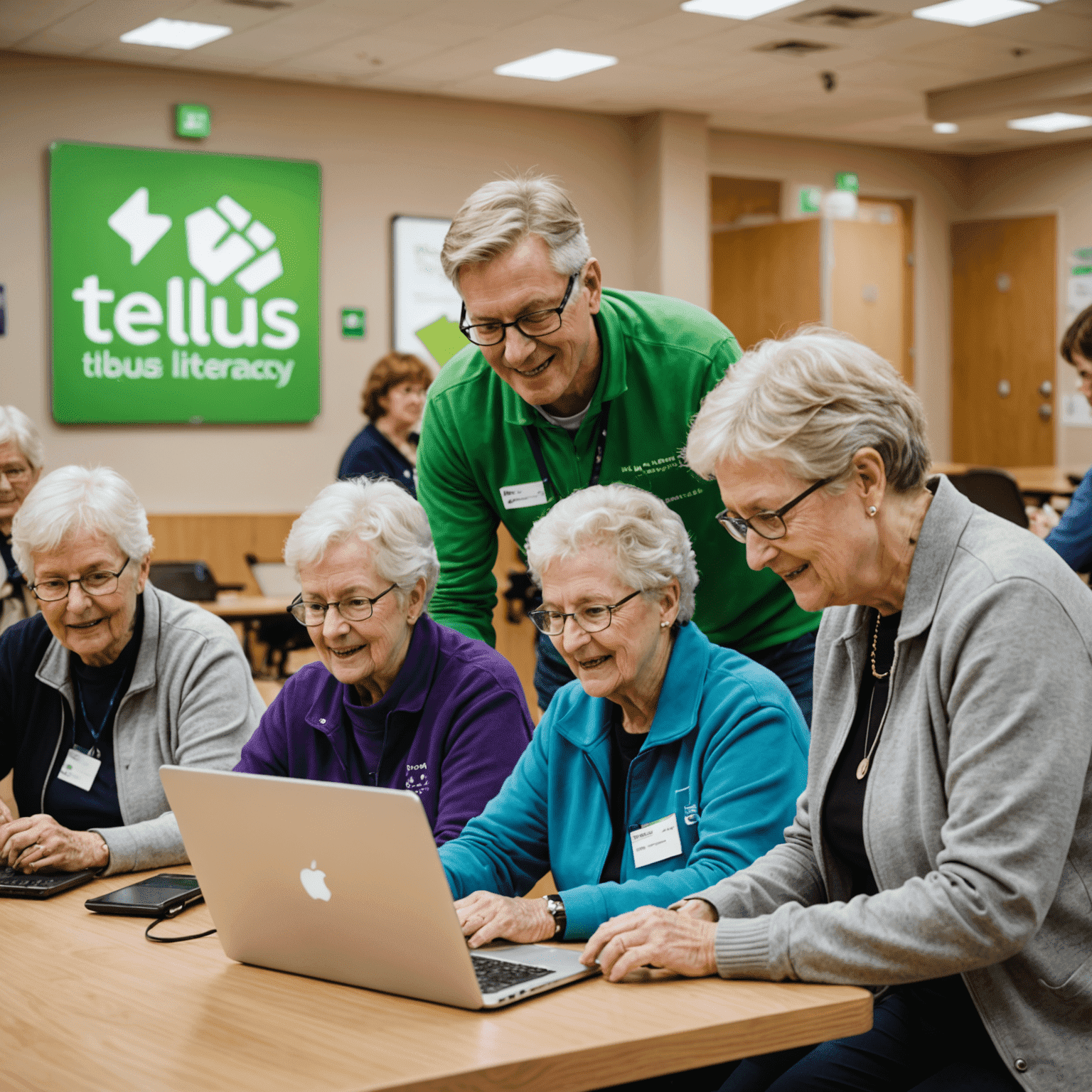 TELUS volunteers teaching digital literacy skills to seniors in a community center, with TELUS-branded laptops visible