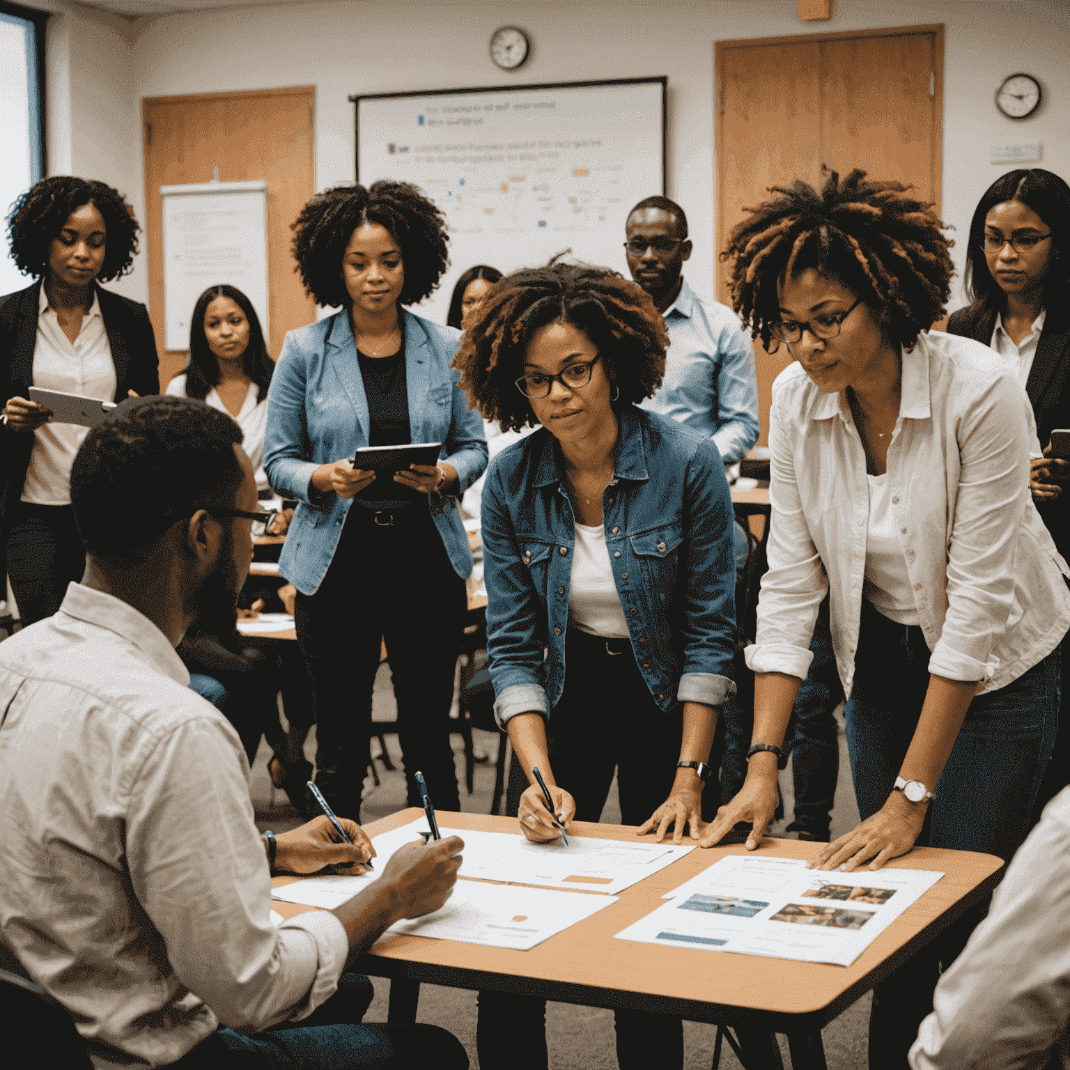 A diverse group of people attending an interactive workshop on social responsibility, with a presenter using visual aids and participants engaged in group activities