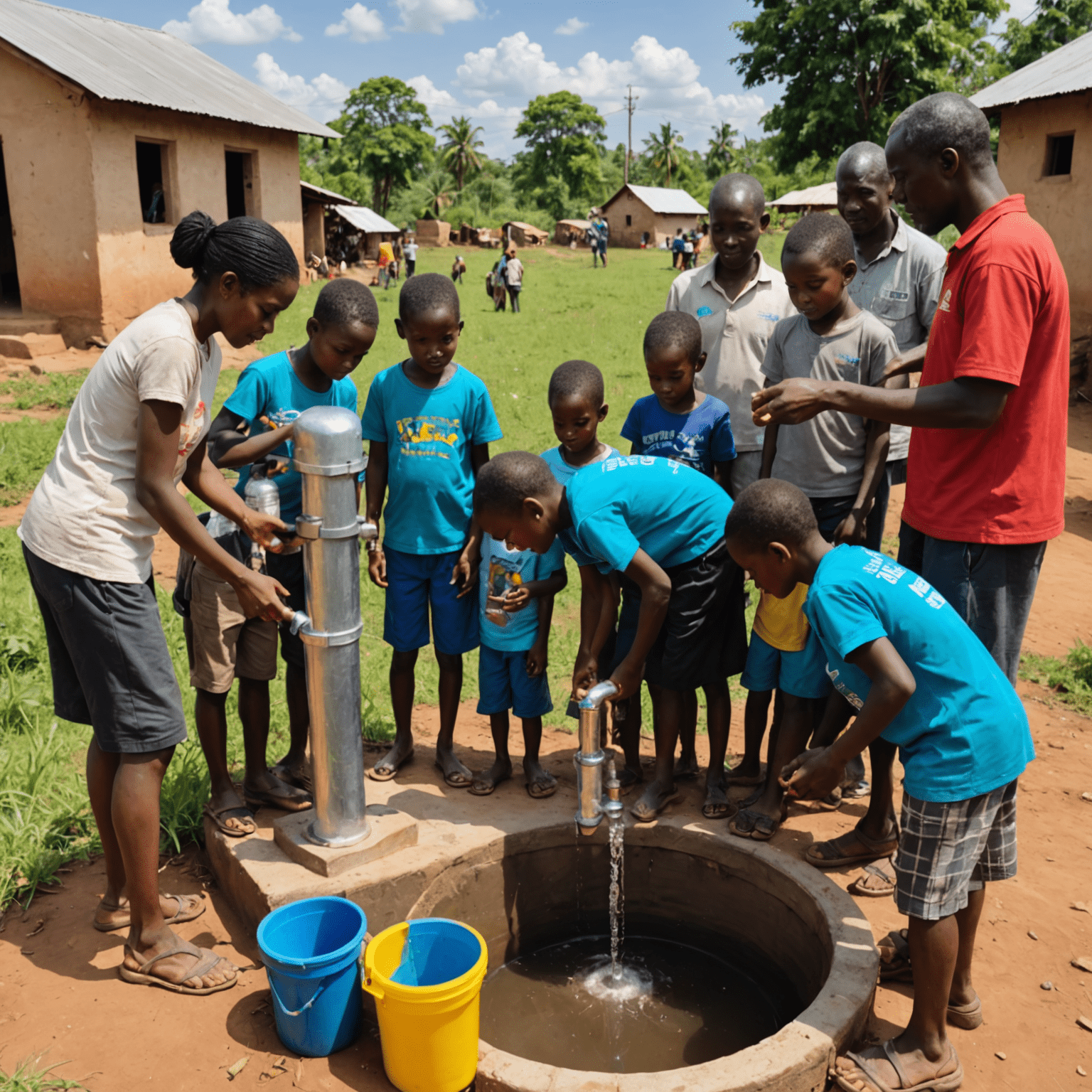 Volunteers installing water filtration systems in a rural community, with children and families gathered around a new water pump