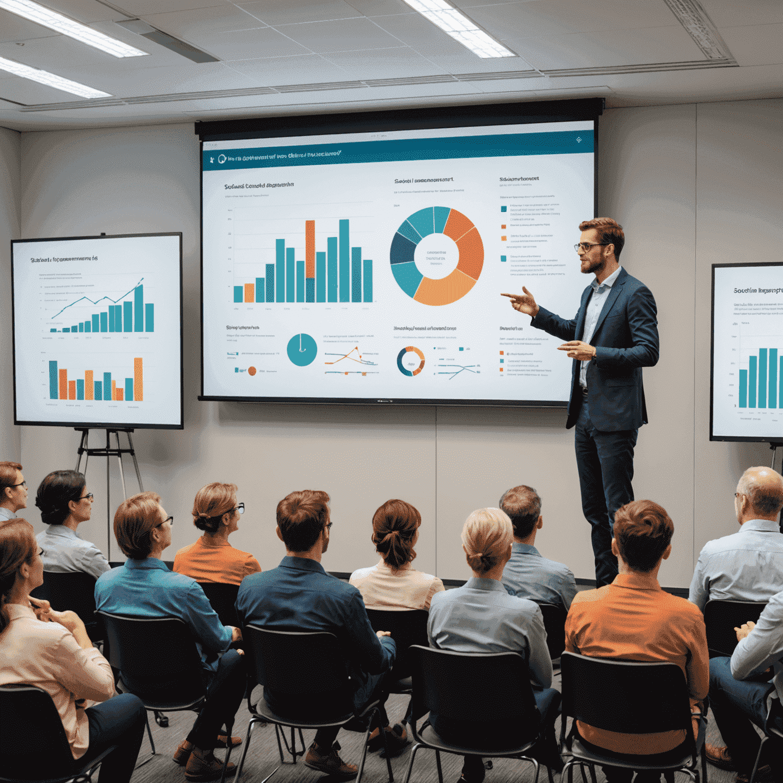 A professional presenter explaining social impact measurement techniques to an attentive audience, with graphs, charts, and impact assessment tools visible on a large screen