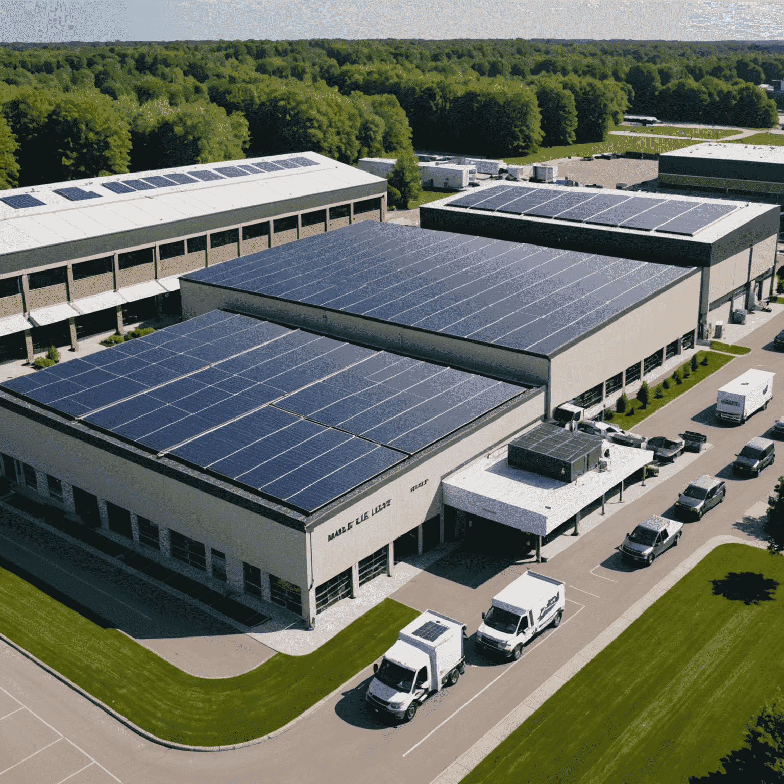 Maple Leaf Foods factory with solar panels on the roof and electric delivery trucks in the foreground