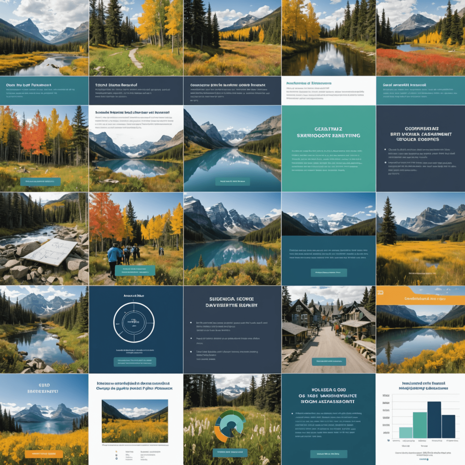 A collage of impact assessment tools including charts, graphs, surveys, and data visualization software, showcasing the measurement of social impact across various Canadian community projects
